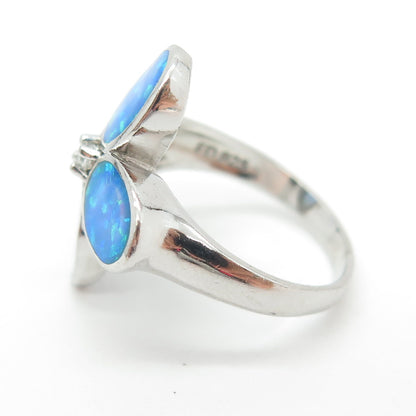 925 Sterling Silver Real Opal & C Z Floral Ring Size 6.25