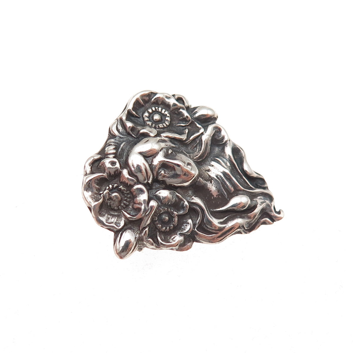 A.S. Co. 925 Sterling Silver Antique Art Deco Floral Lady Oxidized Pin Brooch