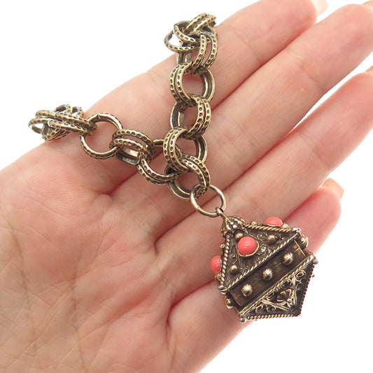 Gold Plated Vintage Coral Double Rolo Link Necklace Part (missing chain part)