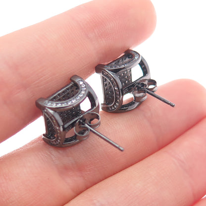 925 Sterling Silver Black Rhodium Round-Cut C Z Arch Square Stud Earrings