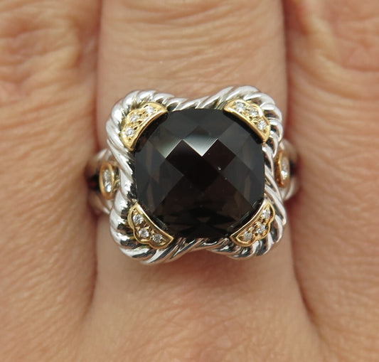 DANWAK 18K Gold Sterling 14 Diamond 0.14ct & Smoky Quartz 4.75ct Ring Size 7