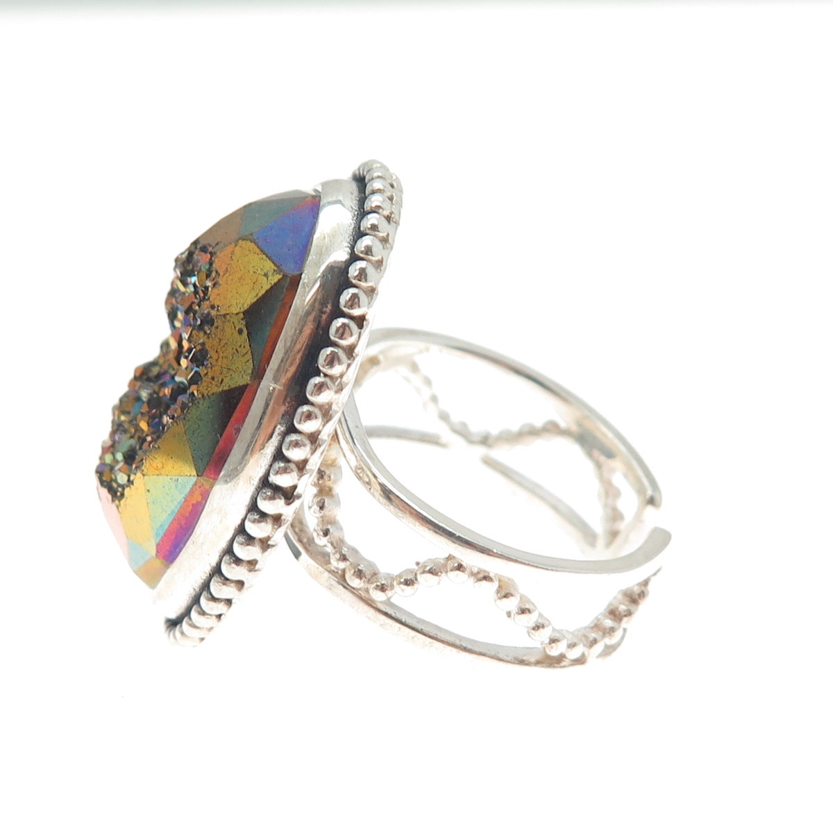 COLLEEN LOPEZ 925 Sterling Vintage Real Rainbow Druze Adjustable Ring Size 8.25