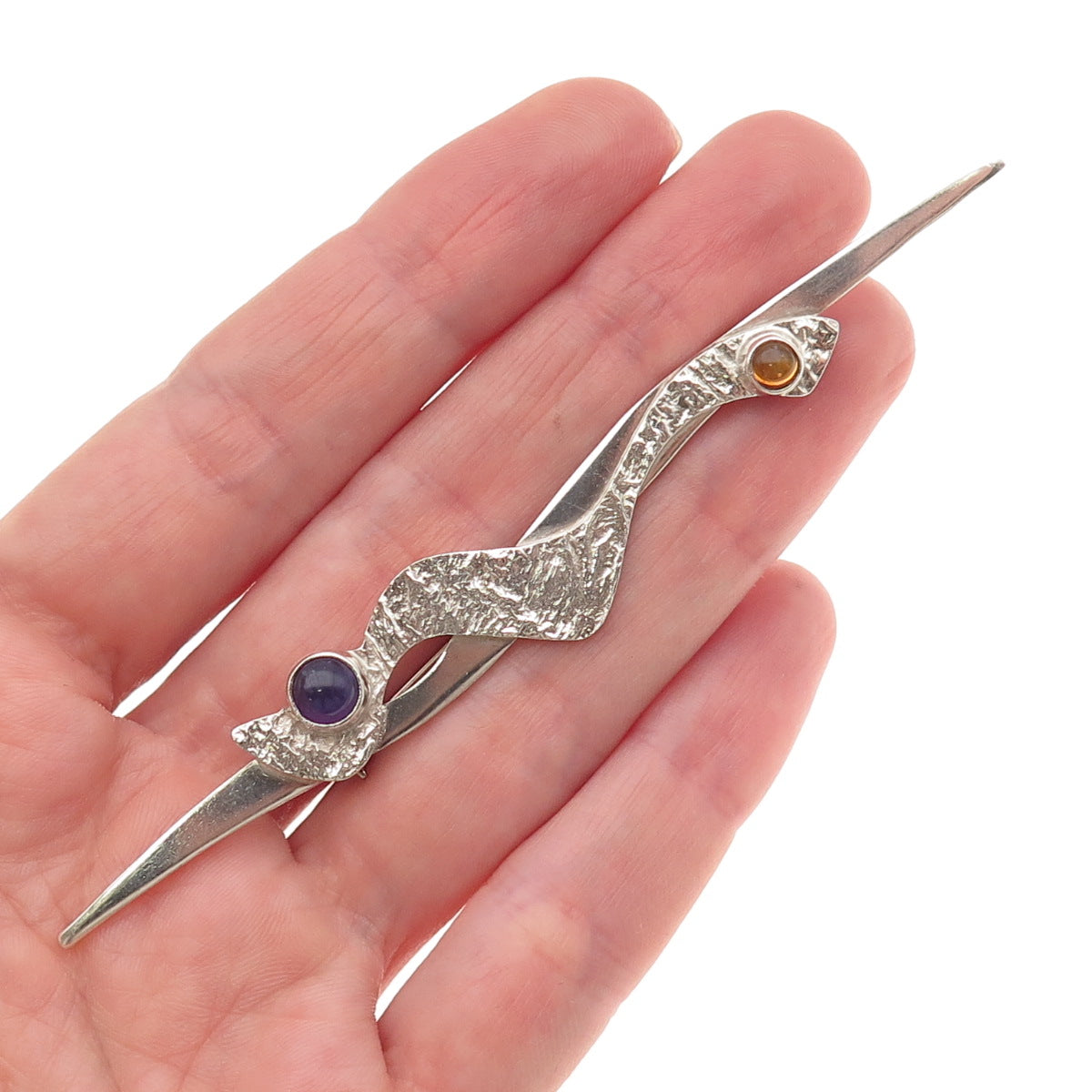 925 Sterling Silver Vintage Artisan Real Amethyst & Citrine Modernist Pin Brooch