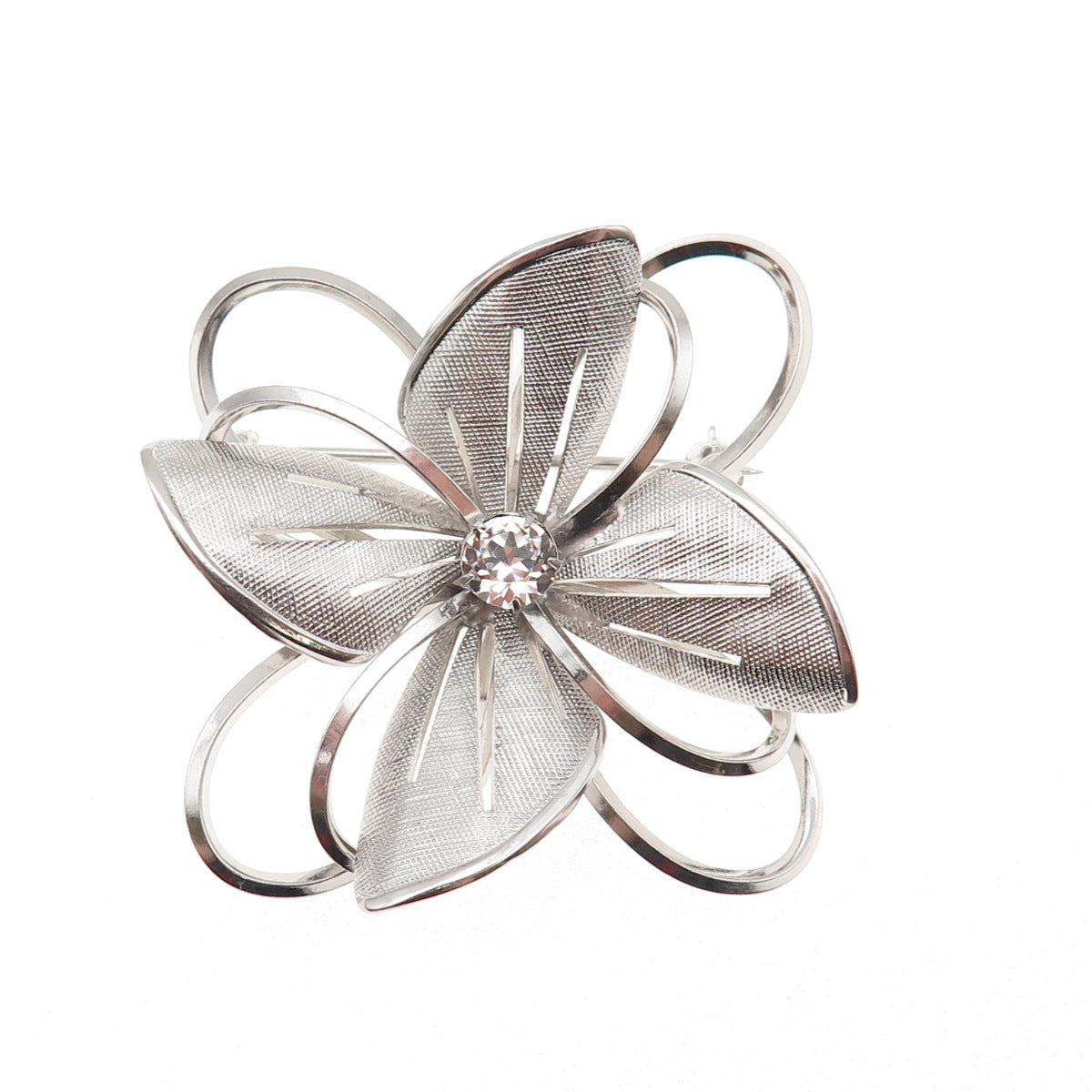 Carl Art 925 Sterling Silver Vintage Rhinestone Floral Pin Brooch