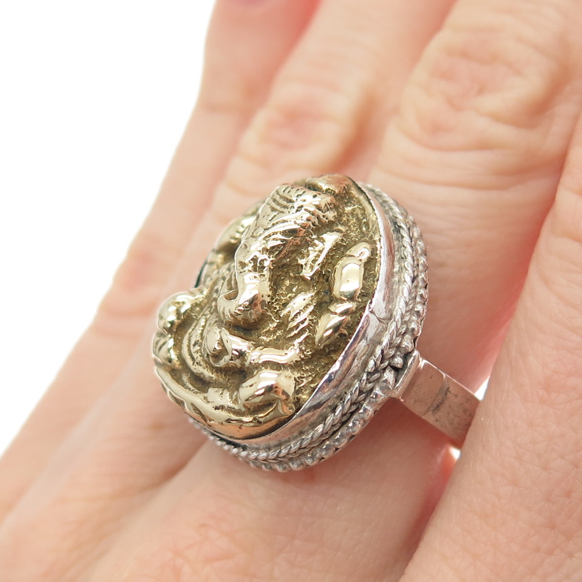 925 Sterling Silver 2-Tone Vintage Jaya Ganesha Elephant Ring Size 7.25