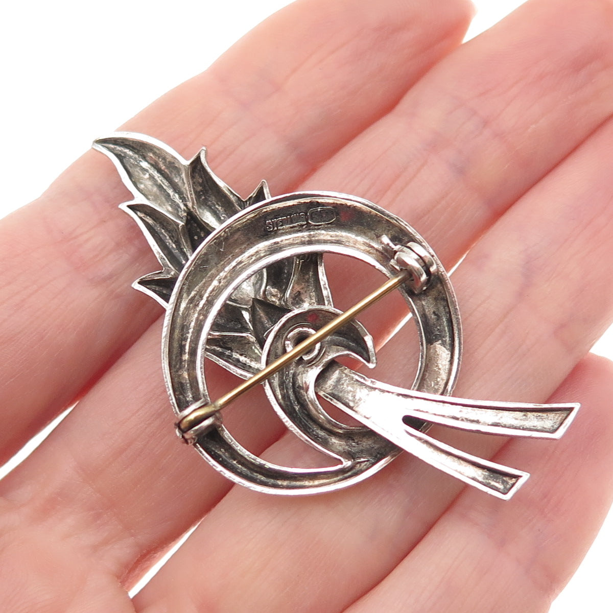 Silverman Brothers Sterling Silver Antique Art Deco Floral Oxidized Pin Brooch