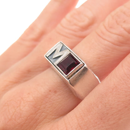 Vargas 925 Sterling Silver Antique Art Deco Real Garnet Letter M Ring Size 11.25