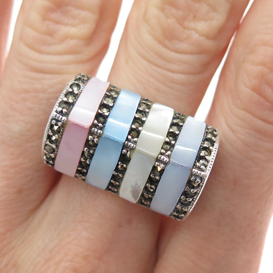 925 Sterling Silver Vintage Real MOP & Marcasite Modernist Dome Ring Size 9