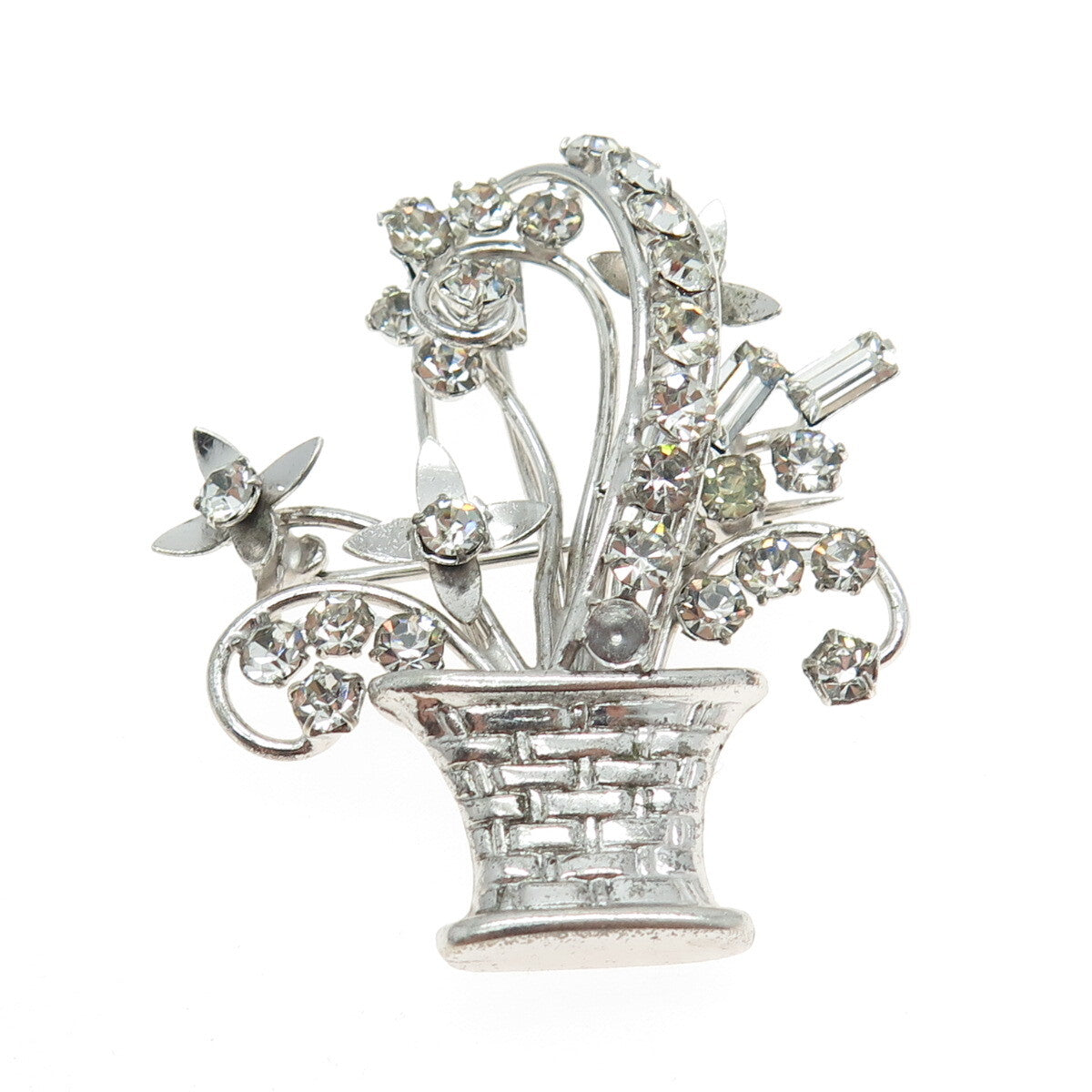 CARL ART 925 Sterling Silver Antique Art Deco Rhinestone Flower Basket Brooch