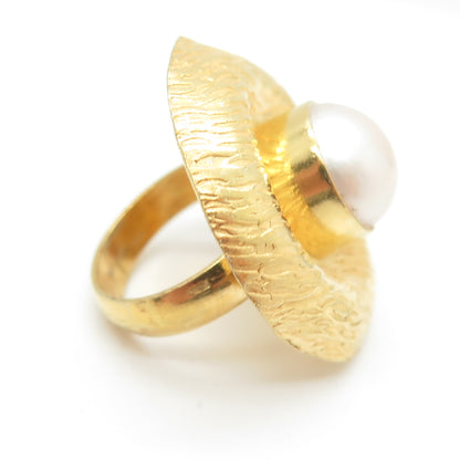 925 Sterling Silver Gold Plated Vintage Real Pearl Modernist Ring Size 6.5