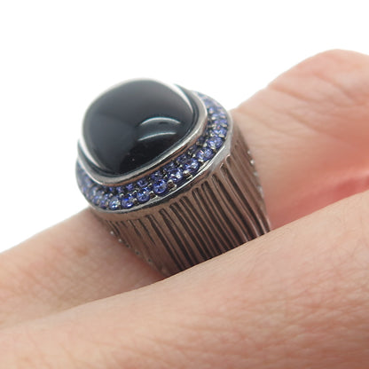 ARZY Sterling Silver Black Rhodium Vintage Real Black Onyx & C Z Ring Size 7.75