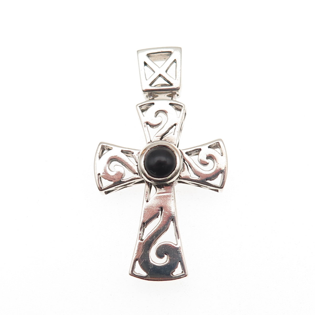 925 Sterling Silver Vintage Real Black Onyx Spiral Cross Charm Pendant