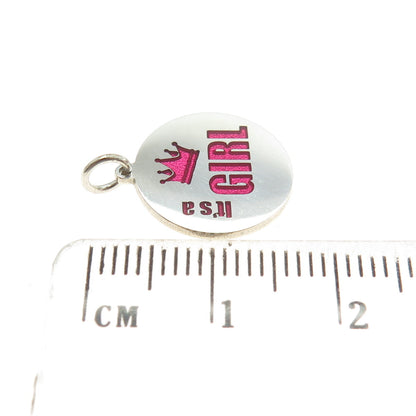 925 Sterling Silver Pink Enamel "It's a Girl" Round Tag Minimalist Charm Pendant