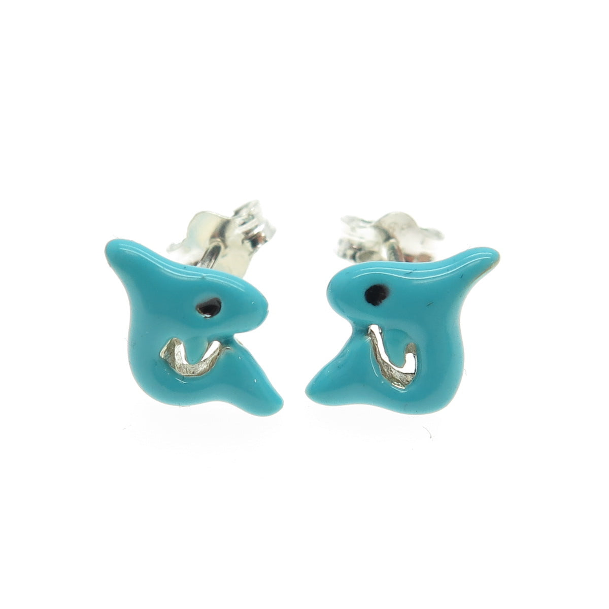 925 Sterling Silver Turquoise-Color Enamel Shark Stud Earrings