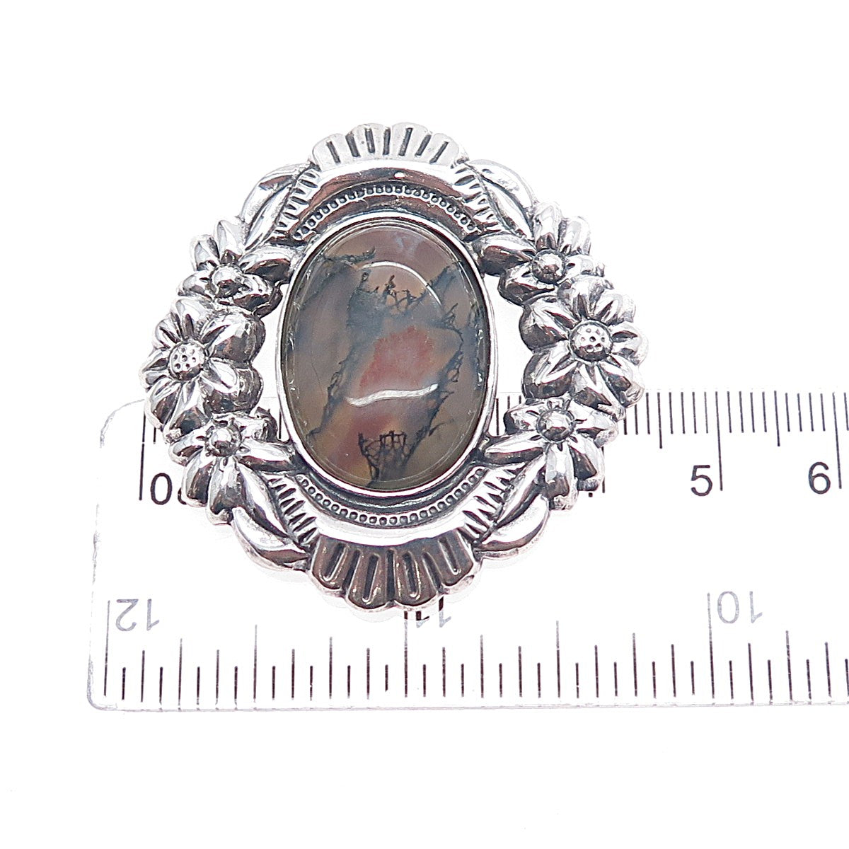 925 Sterling Silver Vintage Real Moss Agate Flower Oxidized Slide Pendant