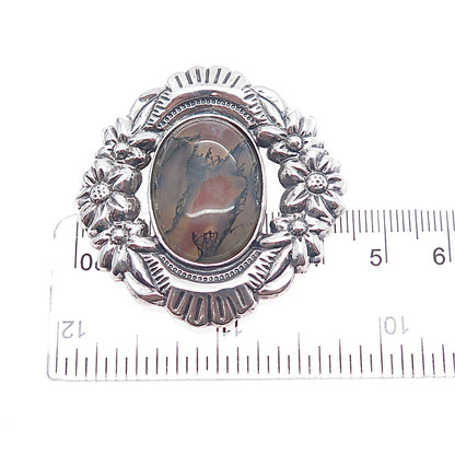925 Sterling Silver Vintage Real Moss Agate Flower Oxidized Slide Pendant