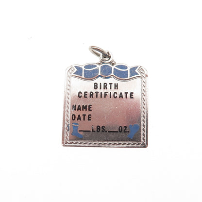 925 Sterling Silver Vintage Enamel Birth Certificate Charm Pendant
