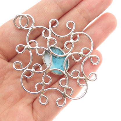 925 Sterling Silver Vintage Faux Turquoise Ornate Swirl Pendant