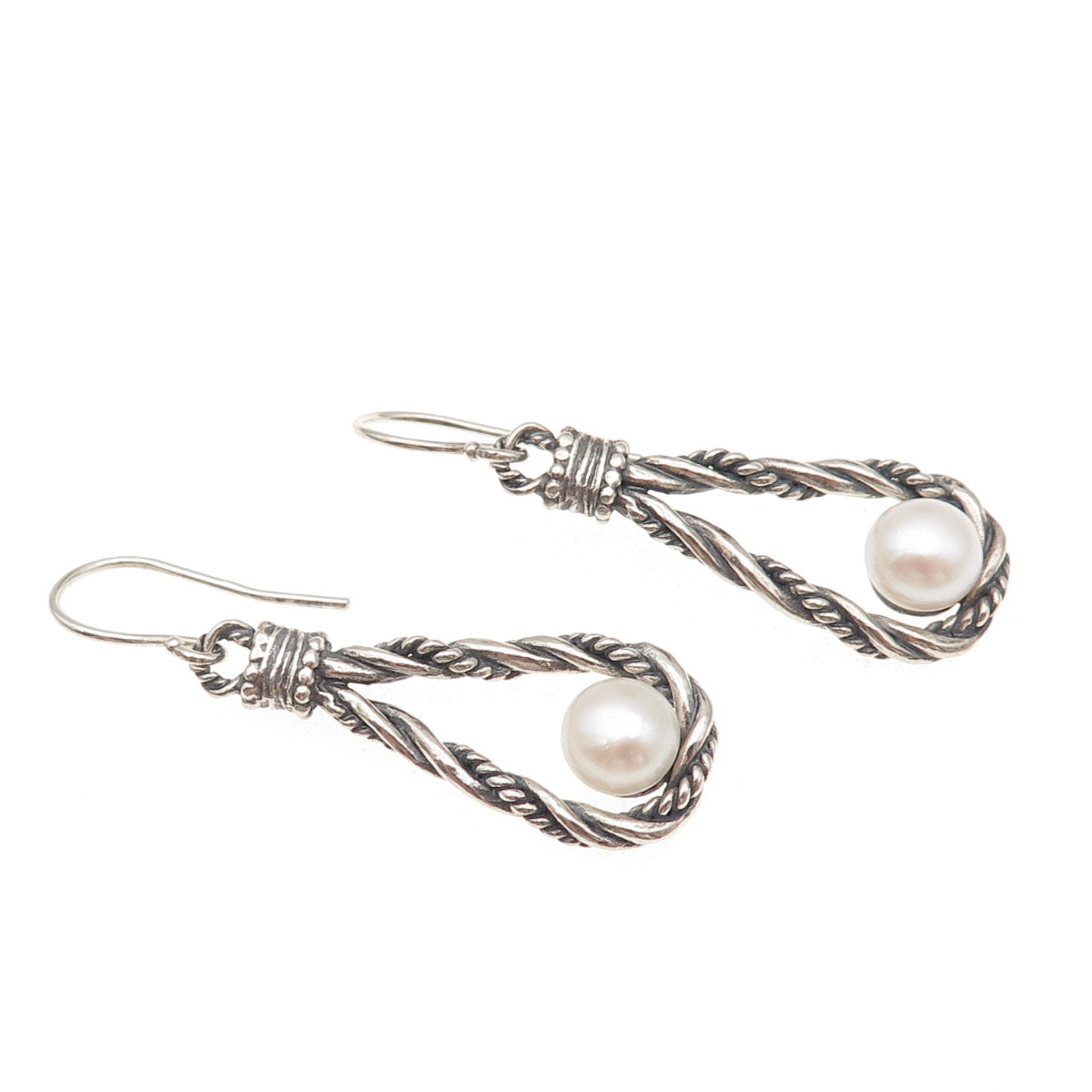 925 Sterling Silver Vintage Real Pearl Twisted Teardrop Oxidized Dangle Earrings