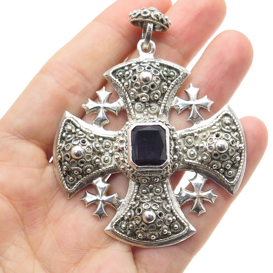 925 Sterling Silver Vintage Lab-Created Sapphire Jerusalem Cross Pendant