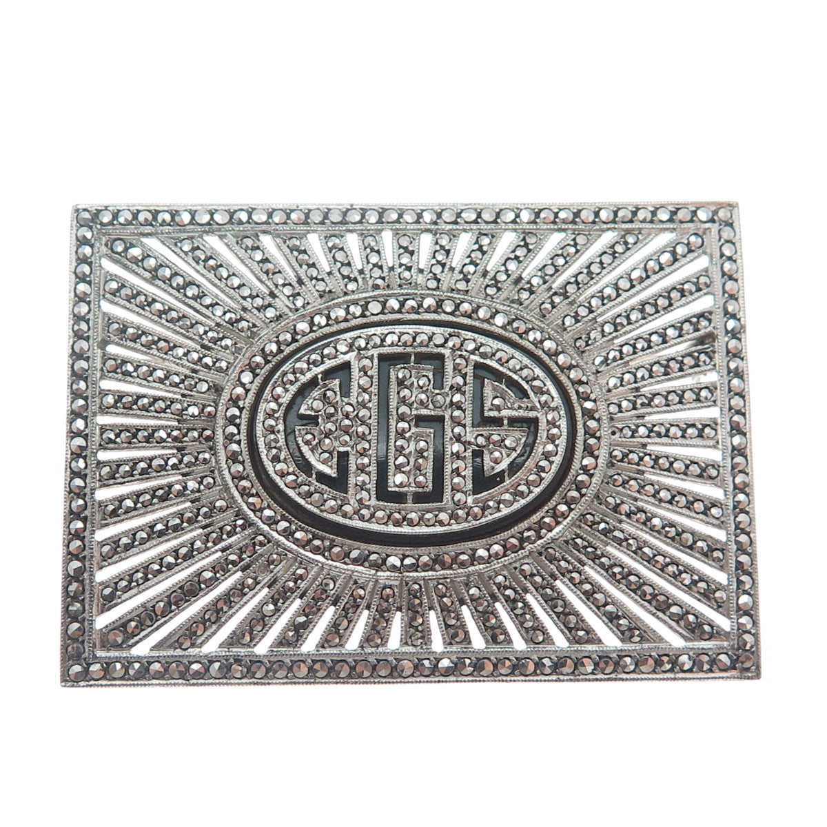 925 Sterling Silver Antique Real Black Onyx & Marcasite Gem EGS Monogram Brooch