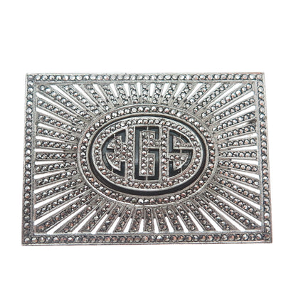 925 Sterling Silver Antique Real Black Onyx & Marcasite Gem EGS Monogram Brooch