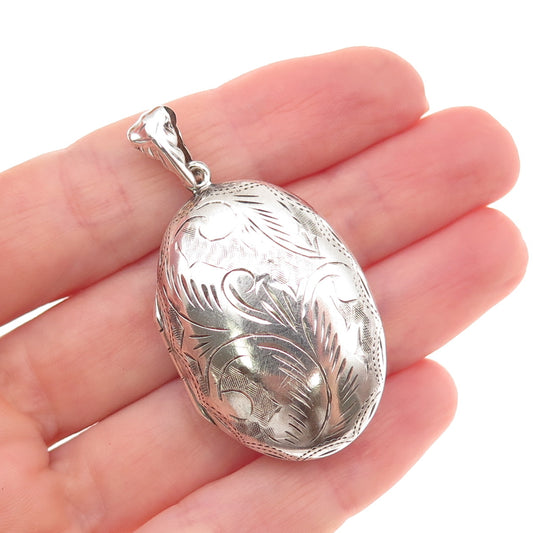 925 Sterling Silver Vintage Engraved Floral Oval Locket Charm Pendant