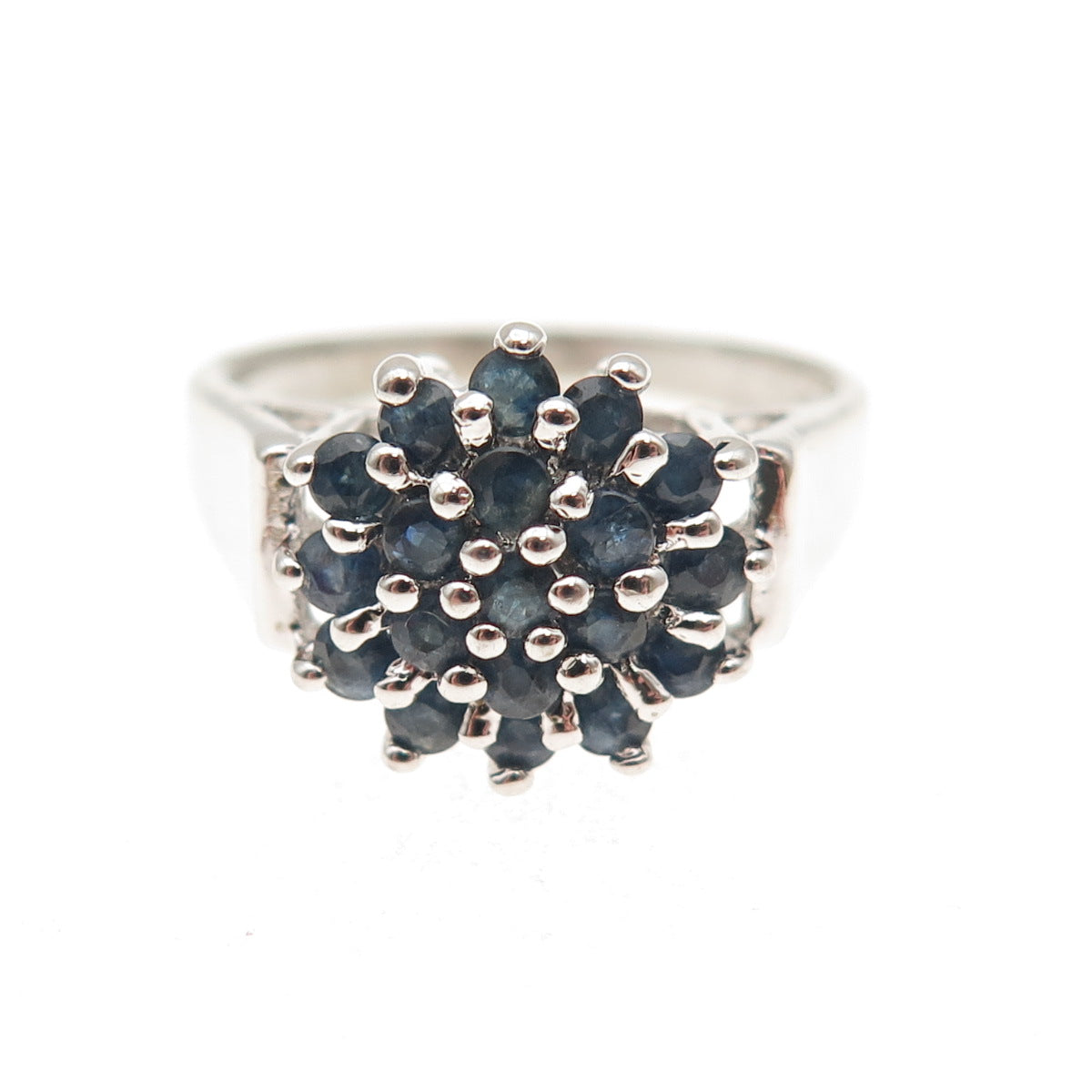 925 Sterling Silver Real Round-Cut Sapphire Floral Ring Size 6.75