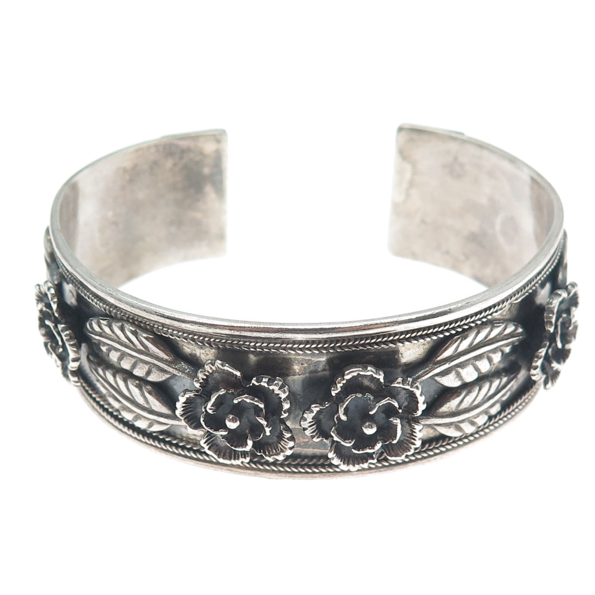 925 Sterling Silver Vintage MRF Flower Oxidized Adjustable Cuff Bracelet 7.25"