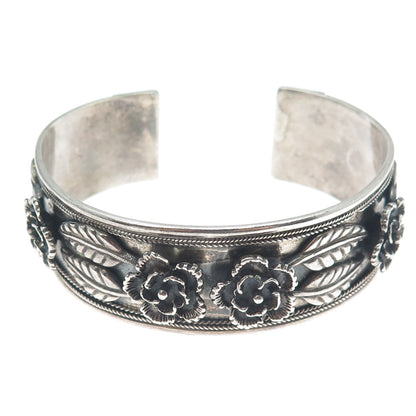 925 Sterling Silver Vintage MRF Flower Oxidized Adjustable Cuff Bracelet 7.25"