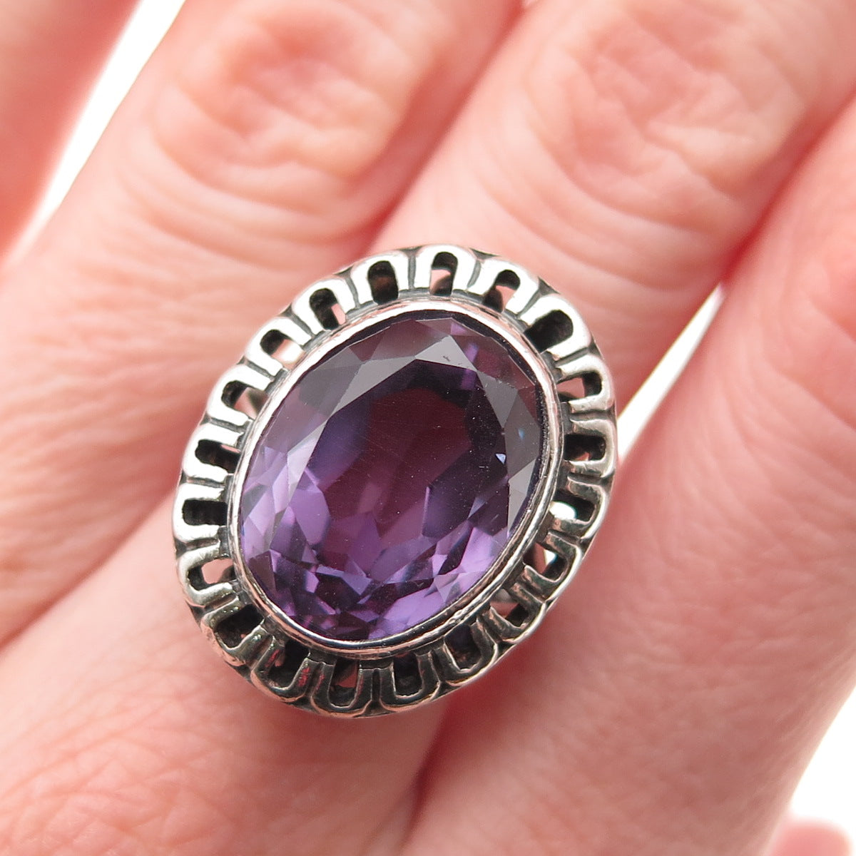 925 Sterling Silver Vintage Mexico Lab-Created Peacock Sapphire Ring Size 6.75
