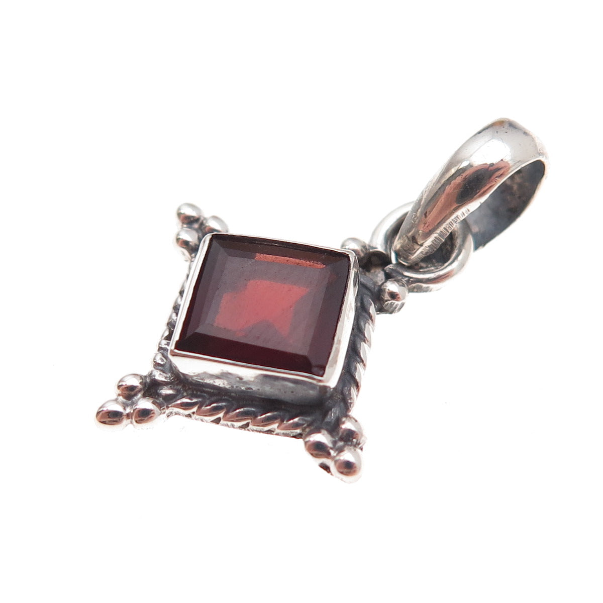 925 Sterling Silver Vintage Real Red Garnet Oxidized Charm Pendant