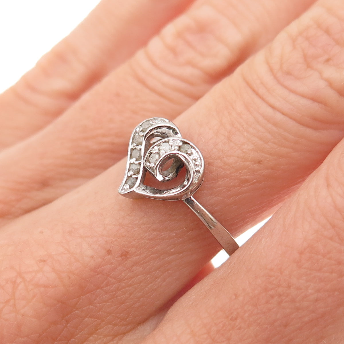Charles Winston 925 Sterling Silver Real Round-Cut Diamond Heart Ring Size 7