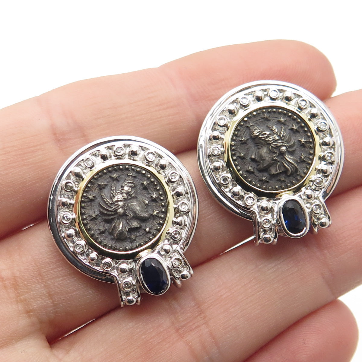 925 Sterling Silver 2-Tone Real Diamond & Sapphire Macedonian Cameo Earrings