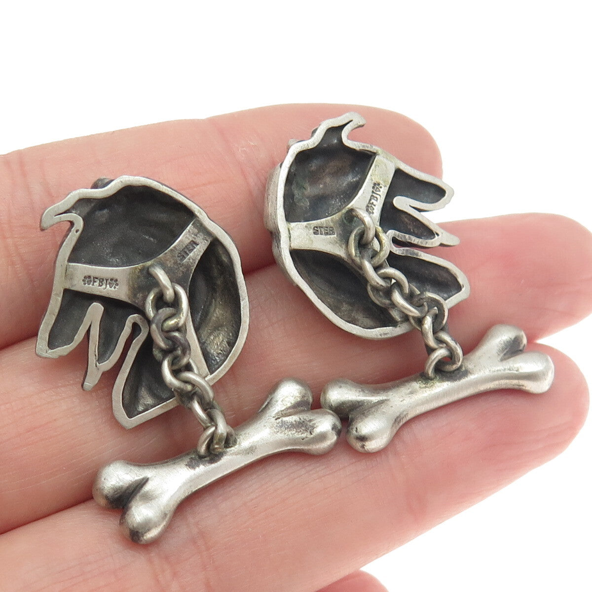 925 Sterling Silver Vintage Real Round-Cut White Diamond Collie Dog Cufflinks