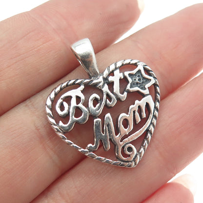 925 Sterling Silver Vintage "Best Mom" Heart Pendant