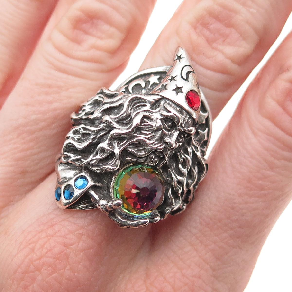 Shube 925 Sterling Silver Vintage Rhinestone & Crystal Wizard Ring Size 12.25