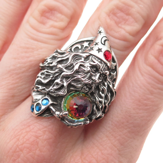 Shube 925 Sterling Silver Vintage Rhinestone & Crystal Wizard Ring Size 12.25
