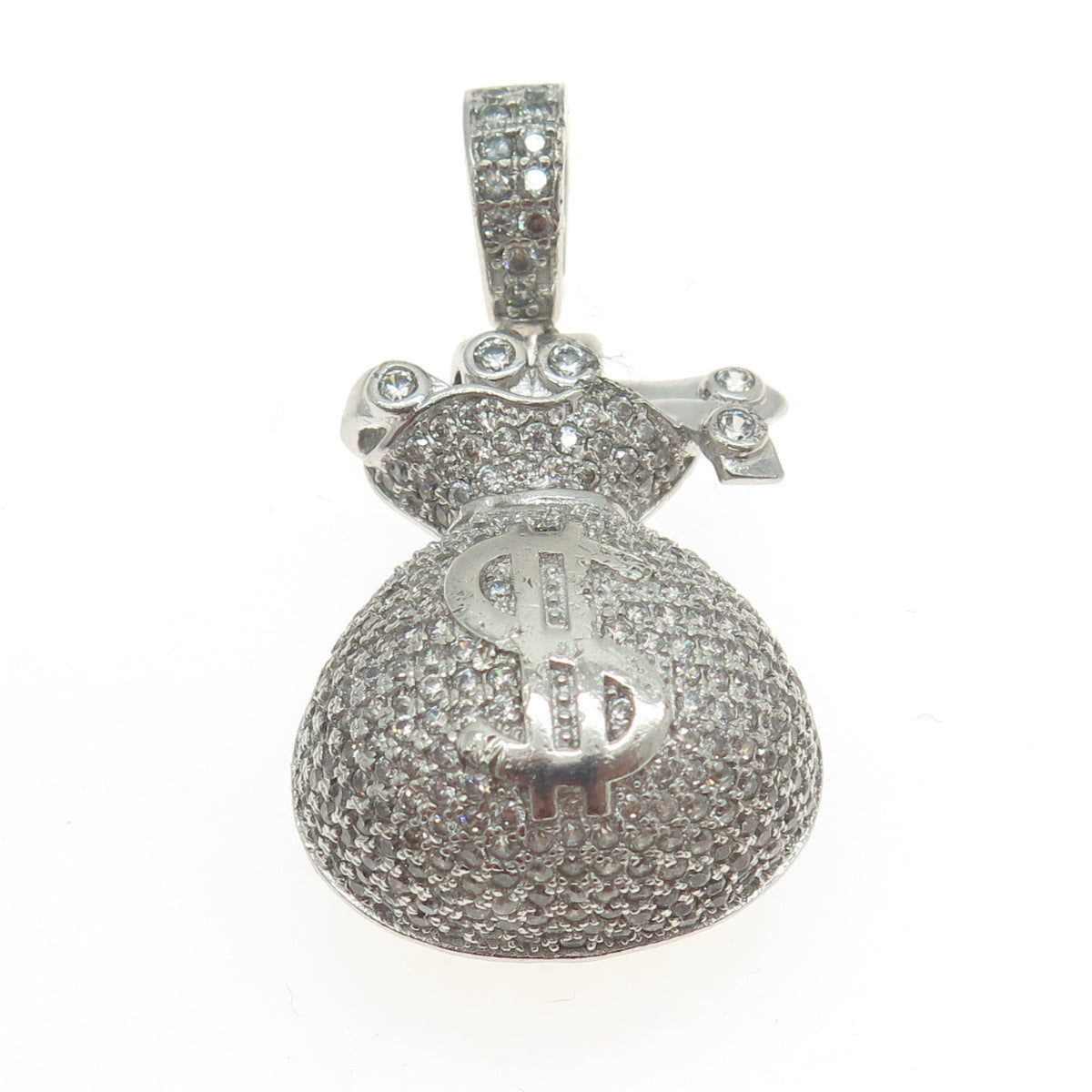 925 Sterling Silver Round-Cut Shaped C Z Dollar Sign Money Bag Pendant