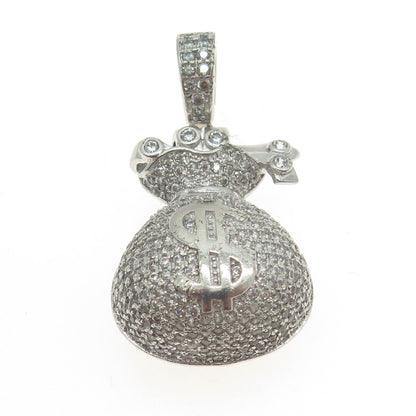 925 Sterling Silver Round-Cut Shaped C Z Dollar Sign Money Bag Pendant