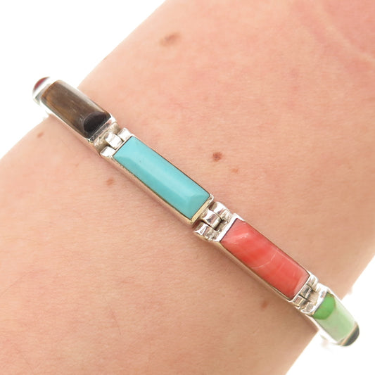 925 Sterling Silver Vintage Mexico Real Multi-Color Gem Bar Link Bracelet 6.75"