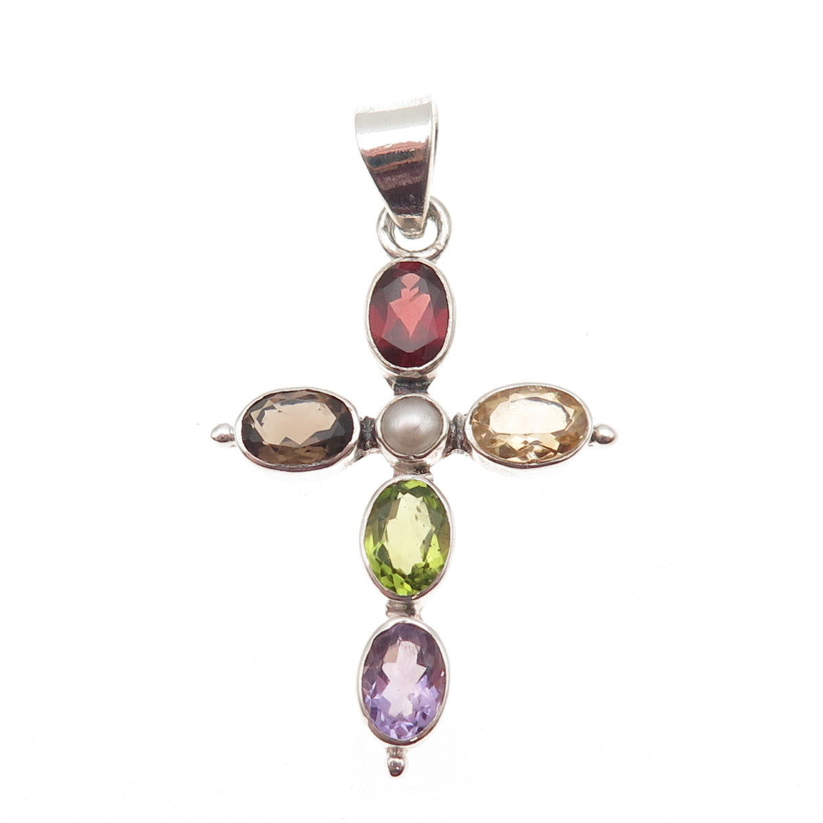 925 Sterling Vintage Pearl Quartz Citrine Garnet Amethyst Peridot Cross Pendant