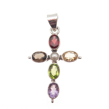 925 Sterling Vintage Pearl Quartz Citrine Garnet Amethyst Peridot Cross Pendant