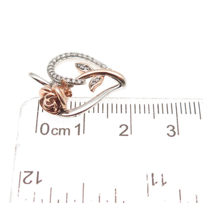 DISNEY 925 Sterling 10K Gold Real Diamond Belle Rose & Heart Mini Charm Pendant