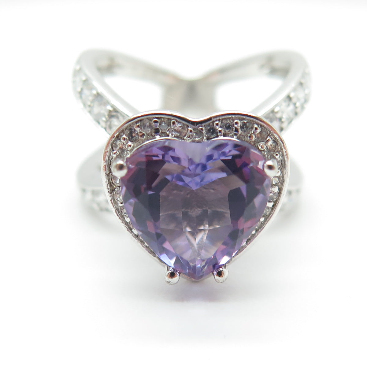 925 Sterling Silver Real White Topaz & Amethyst Gemstone Heart Ring Size 6.25