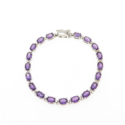 ROSS SIMONS 925 Sterling Silver Real Oval-Cut Amethyst Tennis Link Bracelet 6.5"