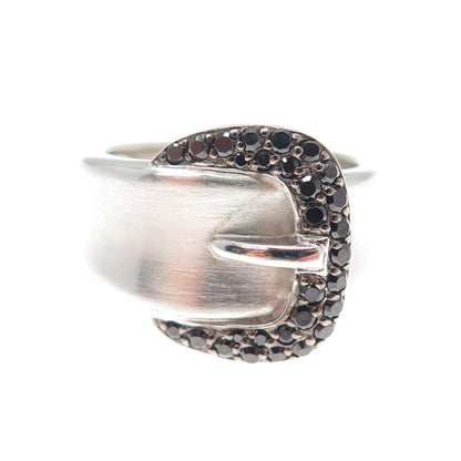 925 Sterling Silver Real Round-Cut Black Spinel Belt Buckle Ring Size 7.75