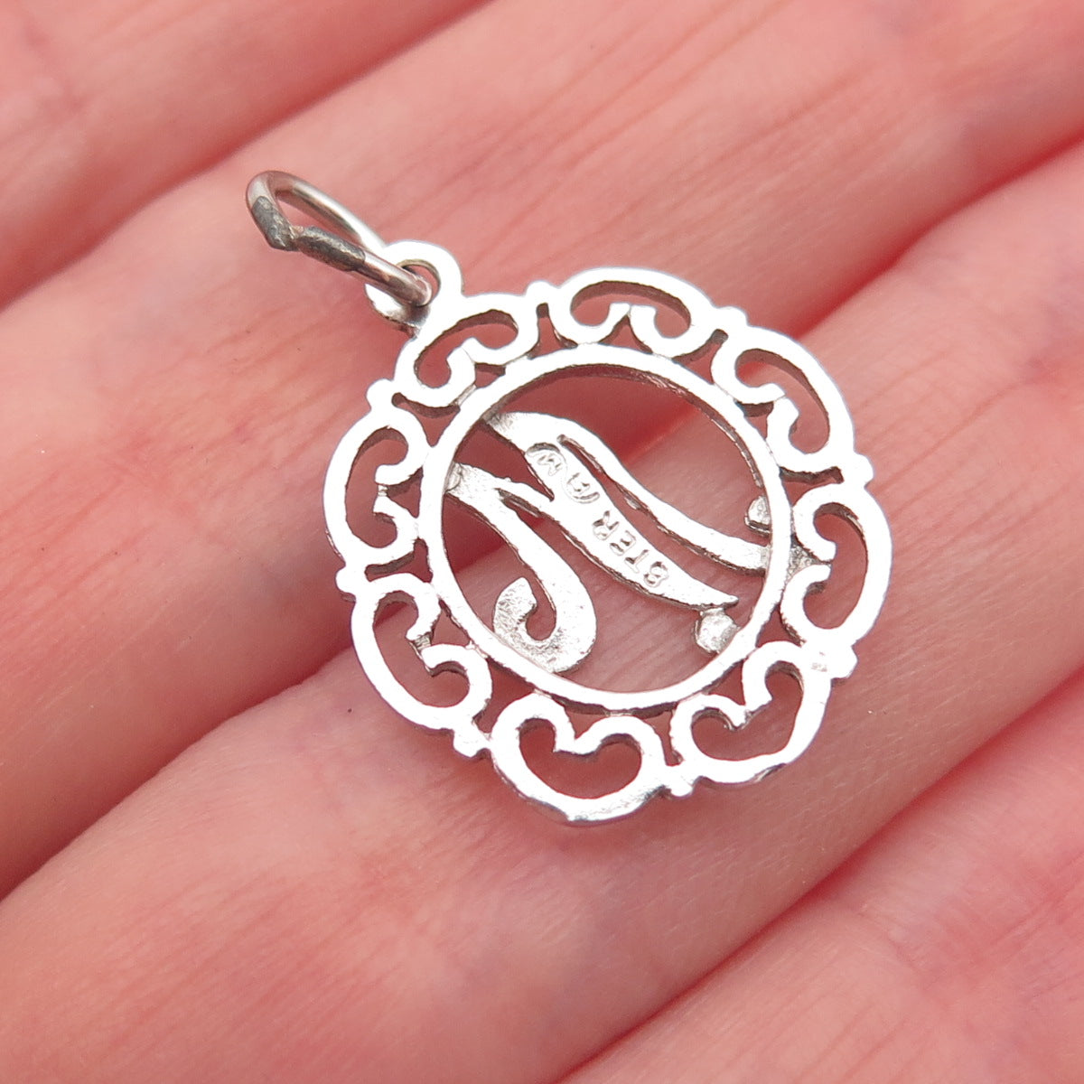 925 Sterling Silver Vintage Letter M initial Heart Ornate Mini Charm Pendant