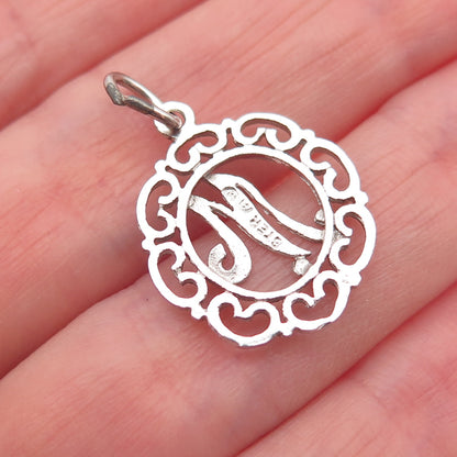 925 Sterling Silver Vintage Letter M initial Heart Ornate Mini Charm Pendant