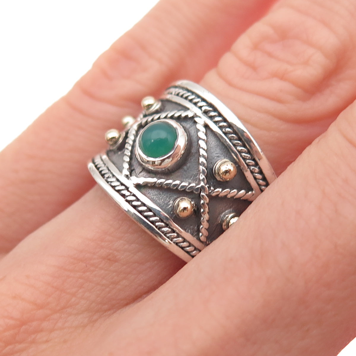 925 Sterling Silver 14K Gold Vintage Real Green Onyx Oxidized Ring Size 6